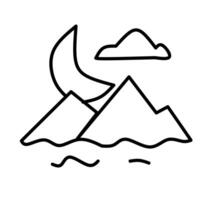 A serene line art illustration of mountains under a crescent moon and stars, with soft clouds and calm water. Perfect for conveying nature's tranquility and night beauty. vector