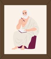 Philosopher seated with writing tools vector