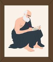 A man with a beard sitting down and reading a book vector