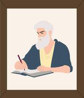 A man with a beard and a pen is writing in a book vector