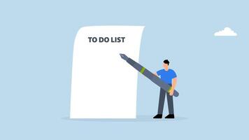 Long to do list, 4k animation of Businessman holding big pen considered making several to do lists on lengthy sheet of paper. video