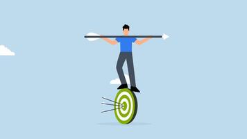 4k animation of businessman balances and directs rotating archery target with arrow hit bullseye video