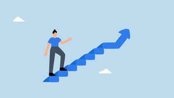 4k animation of businesswoman taking small step while walking up stairs with arrow pointing up. video