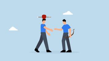 Trusted partner, 4k animation of businessmen agreeing after risky archery apple shot display through handshake. video