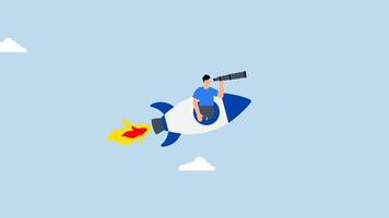 4k animation of business manager excitedly opens rocket window with telescope. video