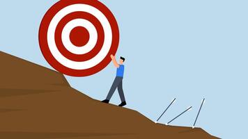 Missed target, 4k animation of entrepreneur is attempting to move dartboard up slope. video