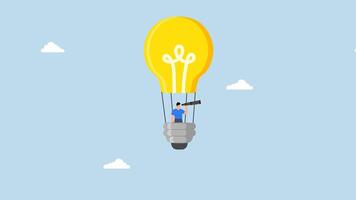 4k animation of businessman rides light bulb balloon with telescope and looks for a vision. video