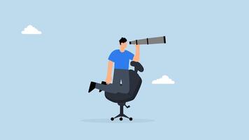 4k animation of businessman with telescope rides on a desk to see the future and the way forward. video