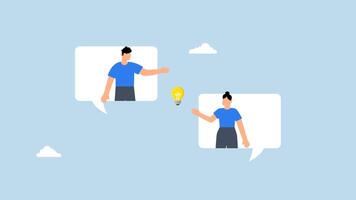 4k animation of colleague stands on chat bubble and talks about new ideas. video
