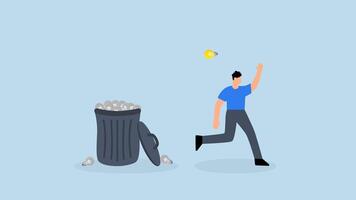 4k animation of frustrated businessman throws the light bulb idea in the trash. video