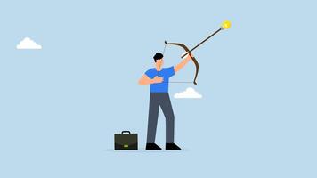 4k animation of businessman archery aiming light bulb idea arrow to high target. video