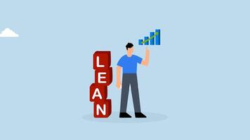 4k animation of entrepreneur presents growth graph resting on pile of boxes labeled LEAN and finished rocket model. video