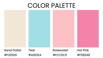 Sand Dollar, Teal, Rosewater, Hot Pink color palette. Set of bright color palette combination in rgb hex. Color palette for ui ux design. Abstract illustration for your graphic design, banner, poster vector