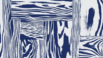 Hand drawn brush lines abstract wood grain pattern white and blue, patchwork wavy lines monochromatic wood veneer background, naturalistic graphic for textile, decoration, carpet vector