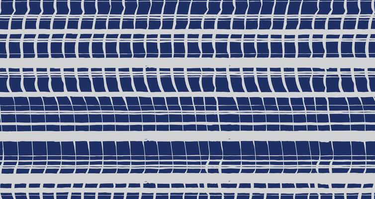 Hand drawn distorted brush lines abstract distressed plaid pattern in white and blue, Japanese and ethnic handcrafted intersecting stripes grid background, simple modern graphic for textile, carpet