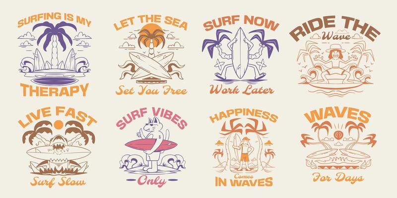 Vintage surfing beach t-shirt design bundle, Retro summer tropical beach graphic tee for print, Beach design set, Vacation design collection for apparel or clothing design