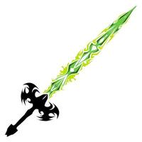 Ornamental sword with an elongated green blade design and an intricate black hilt presented against a transparent backdrop conveys a fantasy aesthetic, ideal for gaming concepts. vector