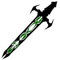 Detailed black sword displays a decorative green inlay on a stark transparent backdrop, creating a bold graphic suitable for fantasy games or historical art. vector