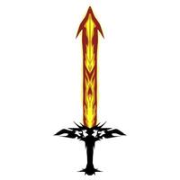 Stylized sword with a flame-like blade in yellow and red and an ornate black hilt stands dramatically against a transparent backdrop, ideal for fantasy-themed designs. vector