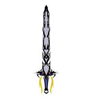 Ornate sword displays intricate black tribal patterns along a grey blade with blue and red detailing, set on white, offering a striking fantasy illustration. vector