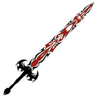Stylized red and black sword illustration featuring intricate tribal patterns and a decorative hilt, creating a dramatic and powerful image perfect for fantasy game or design projects. vector