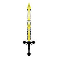 Isolated sword illustration with intricate black tribal patterns and yellow accents stands against a transparent backdrop, creating a bold, stylized graphic for fantasy and design. vector