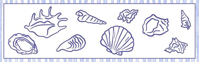 Coastal shell collection inspired by Mediterranean seaside walks, featuring scallop, oyster, spiral, clam and sea snail forms. illustration in casual crayon sketch style for print and decor. vector