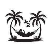 Silhouette of a Woman Relaxing in a Hammock Between Two Palm Trees with Birds Flying Overhead Artistic Graphic vector