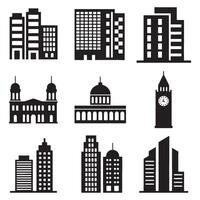A Collection of Building Silhouettes Ranging from Skyscrapers to Government Buildings Featuring Varied Architectural Styles and Designs vector