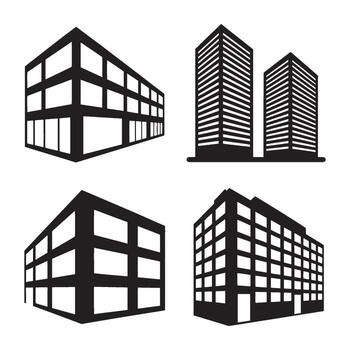 Striking Silhouette Renderings of Modern Urban Buildings and Skyscrapers Displaying Architectural Design in Black and White Format with Strong Contrasts vector