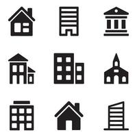 Collection of Building Icons Featuring Houses, Skyscrapers, Government Buildings, and a Church in Simple Black and White Design vector