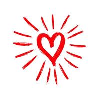 Hand-drawn red heart with expressive brushstroke rays around it, painted style on white background. Concept of love, passion, emotion, and care vector