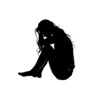 Silhouette of a seated sad girl on white background. Concept of solitude and depression vector