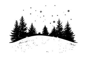 Silhouette of pine trees on snowy hill with stars in sky, black and white style, on white background, concept of winter solitude and calm vector