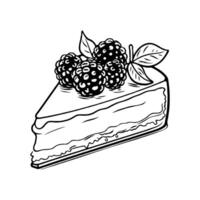 Hand-drawn sketch of a cheesecake slice topped with blackberries and leaves, shown on a white background, concept of dessert and bakery treat vector