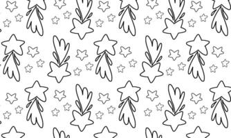 Seamless pattern with doodle stars, sparkles and comets in black outline. Great for wrapping paper, backgrounds or kids vector