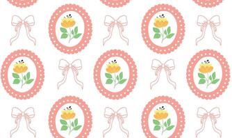 Seamless pattern with yellow flowers framed in polka dot ovals and pink bows. vector