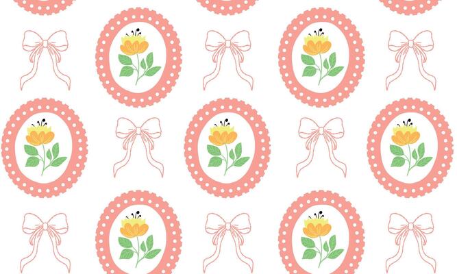 Seamless pattern with yellow flowers framed in polka dot ovals and pink bows.