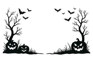 Halloween-themed silhouette border with bats, pumpkins, and leafless trees on a white background. Concept of spooky seasonal design vector