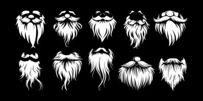 Collection of stylized white beards and mustaches in silhouette style on a black background, concept for grooming, barber, or hipster themes vector