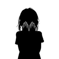 A silhouette of a girl child hiding their face with hands, minimalist graphic style, on a plain background, concept of sadness, emotional distress vector