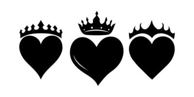 Three black silhouette heart shapes each topped with a distinct crown design, displayed in a minimalistic style on a white background vector