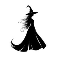 Silhouette of a graceful witch wearing a pointed hat and long gown, with flowing hair, in a minimal black style on a white background vector