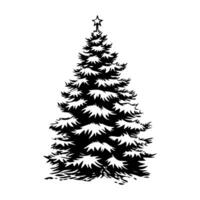 Black silhouette of a snow-covered Christmas tree with a star on top, hand-drawn style, isolated on white background, winter holiday concept vector