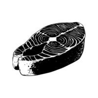 Salmon steak slice in black and white engraving style on white background, concept of seafood, culinary or cooking ingredient sketch vector