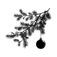 Silhouette of a pine tree branch with a Christmas ornament hanging, black graphic style on white background, concept of festive minimalism vector