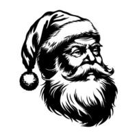 Detailed black and white sketch of Santa Claus's head with beard and hat, in retro graphic style on white background, symbolizing Christmas spirit vector