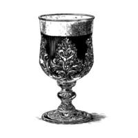 Intricately detailed vintage goblet filled with dark beer, engraving style, placed on a white background. Concept of luxury and tradition vector