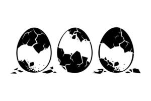Three cracked Easter eggs with emerging creatures depicted in a black and white graphic style on a white background. Symbolizing Easter celebration vector