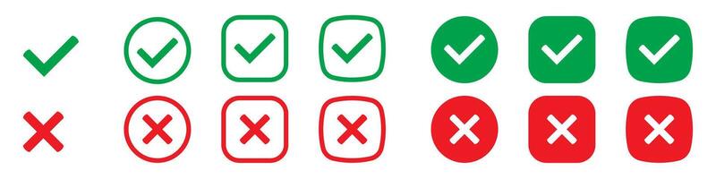 Right or wrong icons. Green tick and red cross checkmarks flat icons. Yes or no symbol, approved or rejected icon for user interface. vector